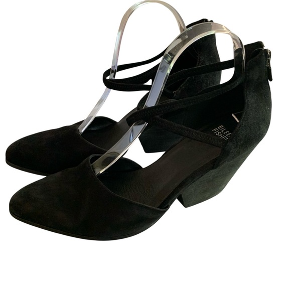 Eileen Fisher sz 10 Tilda Black Suede Rear Zip Stacked Heel Pumps Wedges Straps - Picture 3 of 11